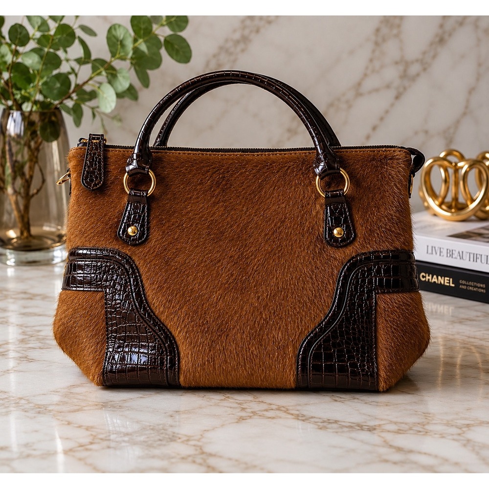 Cavalcanti‎ Tote Bag Women's Size L Brown Good Pony Hair Croc Trim